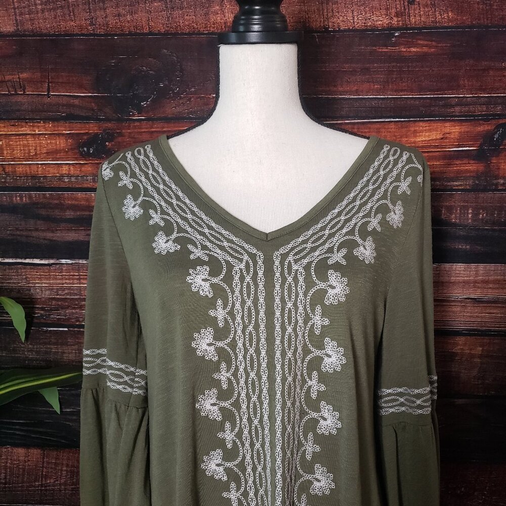Roper Peasant Top S Embroidered Flared Sleeves Olive Green Boho Hippie - Picture 3 of 8